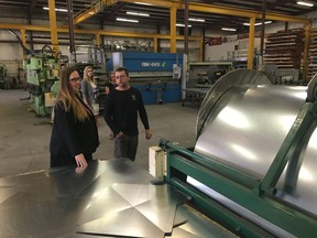 Labour Minister Christina Gray visited the VETS Group sheet metal shop in Edmonton Tuesday to promote the Canada-Alberta Job Grant, a cost-sharing program to encourage employers to invest in training courses for employees.