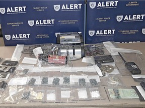 Drugs and items seized on July 22, 2016, as part of a fentanyl trafficking investigation in Grande Prairie.