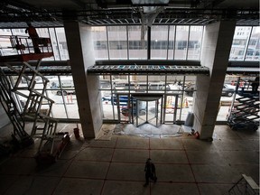 Construction continues in the lobby of Edmonton's Kelly Ramsey Tower, which receives its first tenants in late August.