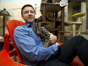 Corey Mowles, the Edmonton Humane Society's director of operations, poses with one of 500 cats the society has in its care.