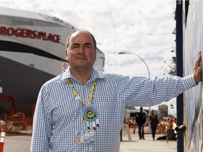 Boyle Street Community Services executive director Julian Daly near Rogers Place Friday. Daly says he's disappointed in the lack of community benefits coming from arena project.