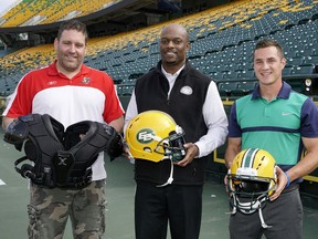 Brendan Toner (left/Coach & General Manager, Fort McMurray Trappers Football team) Ed Hervey (middle/Edmonton Eskimos General Manager & Vice President of Football Operations) and Rob Fry (right/Xenith representative) at Commonwealth Stadium in Edmonton on August 10, 2016. Ed Hervey has partnered with Detroit-based football equipment manufacturer Xenith to replace equipment lost in the wildfires for the Fort McMurray Trappers Football team. The donation of 36 Xenith shoulder pads and 36 Xenith helmets will go to players in grades seven to 12. Delivery will be made before the opening of Trappers training camp on August 17. The families of eight players lost their homes to the fire in May. To allow time to rebuild, the Trappers season opener will be pushed back to after Labour Day long weekend.