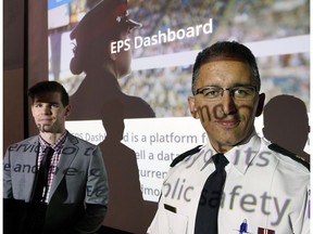 Chad Tawfik (right/Edmonton police superintendent, and Cal Schafer, police strategic analyst, announced the launch Thursday of an online dashboard that provides detailed crime statistics and performance data for the public, the first of its kind for a Canadian policing agency.