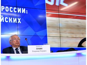 Head of the Russian Paralympic Committee Vladimir Lukin looks on during a press conference in Moscow on August 8, 2016 following Russia's suspension from the Paralympic Games in Rio over state-run doping.