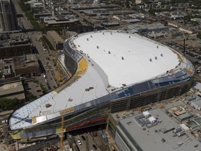 Work continues on Rogers Place Arena and the surrounding ICE District as seen from the top of the 27-storey Edmonton Tower at 101 Street and 104 Avenue.