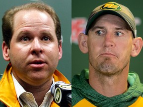 Former Edmonton Eskimos head coach/GM Danny Maciocia, left, in 2008, and current Esks HC Jason Maas.