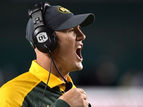 Edmonton Eskimos head coach Jason Maas yells out instructions against the Montreal Alouettes during CFL action at Commonwealth Stadium in Edmonton on Aug. 11, 2016.
