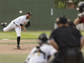 Edmonton Prospects pitcher Nathan Finn throws a strike on Okotoks Dawgs batter Brendan Rose during Game 3 of their WMBL Western Division semifinal playoff series on Aug. 2, 2016, at Edmonton's ballpark formerly known as Telus Field.