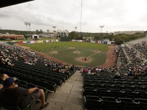 Fans watch from the stands during a playoff game between the Edmonton Prospects and the Okotoks Dawgs at Telus Field in Edmonton on Aug. 2, 2016. The ball park will now be known as RE/MAX Field.