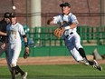 Edmonton Prospects Derek Shedden (4) throws to first base for the out against the Swift Current Indians, during playoff game 3 of WMBL final at Telus Field in Edmonton Saturday, August 13, 2016.  Ed Kaiser/Postmedia (Standalone Photo) Photos off Prospects playoff baseball game for Jason Hills story in Sunday, Aug. 14 edition.