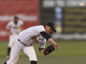 Edmonton's Paul Richy pitches during Game 4 of the Western Major Baseball League playoff series between the Edmonton Prospects and the Okotoks Dawgs at Telus Field in Edmonton, Alberta on Wednesday, August 3, 2016. Ian Kucerak / Postmedia For jason Hills story on North Central Alberta baseball League stretch run slated to run in Friday, Aug. 5 editions of Sun and Journal.