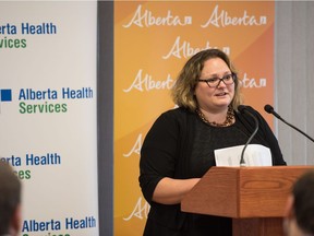 Health Minister Sarah Hoffman, shown here announcing the building of a permanent dialysis unit in Lac La Biche, intervened last year to stop a plan to outsource laundry services by Alberta Health Services.
