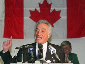 National Party Leader Mel Hurtig speaks during the Alberta launch of the National party in Calgary on Feb. 2, 1993.