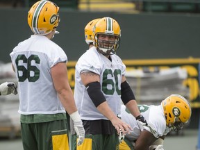 Offensive Lineman Justin Sorensen of the Edmonton Eskimos practice at Commonwealth Stadium on August 9, 2016.