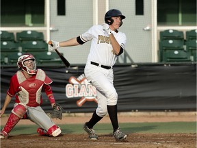 Edmonton Prospects' Kody Funderburk hits a third-inning home-run against the Medicine Hat Mavericks during Game 4 of  the WMBL playoff series at the former Telus Field in Edmonton on Aug. 8, 2016.