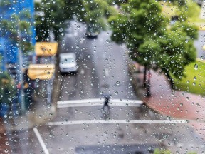 Rainy day in Edmonton seen through window pane.