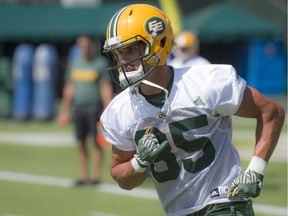 Receiver Nate Coehoorn of the Edmonton Eskimos at their practice at Commonwealth Stadium on August 2, 2016 in Edmonton.