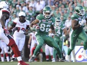 Saskatchewan Roughriders wide receiver Naaman Roosevelt runs the ball during first half CFL action against the Ottawa Redblacks in Regina on Friday, July 22, 2016.