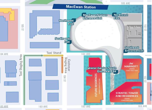 The taxi stand will be at 104 Street and 104 Avenue.