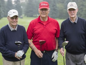 Three gentlemen shot their age at Victoria golf course. One is rare. All three in the same group on the same day is astronomical. They are Wayne Omath,73  Larry Thibodeau, 77,  and Doug Campbell, 84. .Photo by Shaughn Butts / Postmedia Curtis Stock Story Photos of golf trio for Curtis Stock column running Monday, Aug. 15 editions.