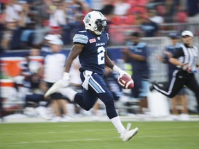 Toronto Argonauts Keon Raymond runs towards a touchdown during 1st half CFL action against the Edmonton Eskimos at BMO Field in Toronto, Ont. on Saturday August 20, 2016. Ernest Doroszuk/Toronto Sun/Postmedia Network