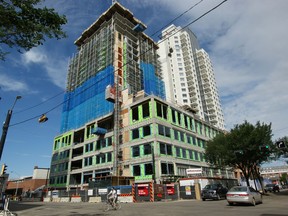The City of Edmonton has rejected two proposals to build large bars at the former Mother's Music site and at the Fox Two condo tower, shown here.