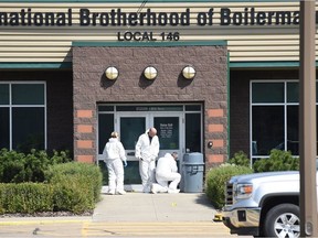 Police investigate after an explosive device was reportedly used in a west Edmonton industrial area on Monday, Aug. 8, 2016,