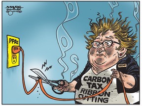 Sarah Hoffman gets burned by power purchase arrangements at NDP carbon tax ribbon cutting.