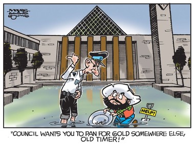 Insolvent Klondike Mike pans for gold at Edmonton City Hall. (Cartoon by Malcolm Mayes)