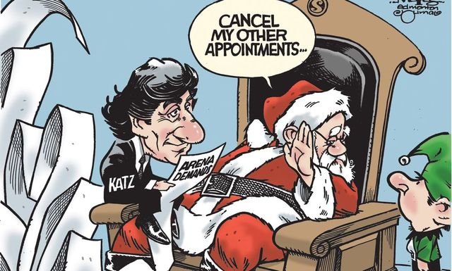 UPLOADED BY: Malcolm Mayes ::: EMAIL: mmayes:: PHONE: 780-288-3452 ::: CREDIT: Malcolm Mayes ::: CAPTION: Daryl Katz has long list of arena demands for Santa to consider. (Cartoon by Malcolm Mayes)
