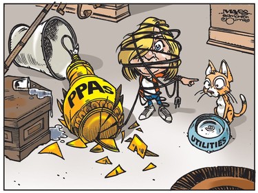 Little Rachel Notley blames PPA mess on Utility companies. (Cartoon by Malcolm Mayes)