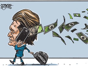 Cartoonist Malcolm Mayes' shared his take on Thomas Lukaszuk cell phone bill in a 2014 editorial cartoon.