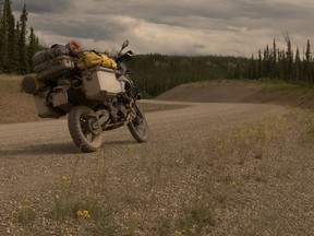The motorcycle that David Wills, 69, recently drove through Alaska on a trip that included an unexpected mechanical mishap on the highway outside Anchorage. Wills used his emergency satellite messenger to notify his family of his situation.