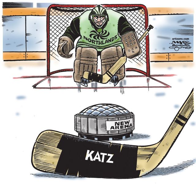 UPLOADED BY: Stephanie Coombs ::: EMAIL: scoombs:: PHONE: 780-429-5499 ::: CREDIT: Malcolm Mayes, Edmonton Journal ::: CAPTION: Malcolm Mayes cartoon from February 2011, when Oilers owner Daryl Katz was trying to stickhandle a new arena past Northlands.