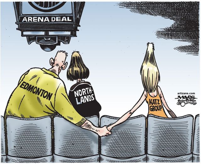 UPLOADED BY: Stephanie Coombs ::: EMAIL: scoombs:: PHONE: 780-429-5499 ::: CREDIT: Malcolm Mayes, Edmonton Journal ::: CAPTION: Malcolm Mayes cartoon from May 2011, when a draft deal between Oilers owner Daryl Katz and the city of Edmonton to build a new arena, bypassed Northlands.