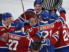 The Edmonton Oil Kings celebrate Tyler Robertson's goal in WHL action at Rogers Place, the first-ever hockey game in the new arena in Edmonton Saturday, September 24, 2016.