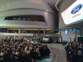A crowd gathers for the grand opening and ribbon cutting of Rogers Place in downtown Edmonton on Sept. 8, 2016. The arena's official opening marked the first free booking the city made with arena management under a deal that allows up to 28 free use days per year.