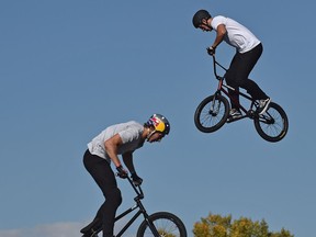 BMXers got their first chance at practicing on the main stage plateform jumps after the media launch of the FISE World Edmonton, featuring four disciplines: BMX Freestyle Park, BMX Flatland, Skateboard and MTB Slopestyle at Hawrelak Park in Edmonton Thursday, September 15, 2016. Ed Kaiser/Postmedia (Standalone Photo