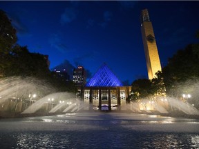 Edmonton's city hall is pictured on an August night in 2016. The building marks its 25th anniversary this year.