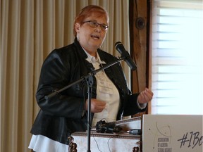 Deb Tomlinson, CEO of the Association of Alberta Sexual Assault Services, speaks at the launch of the #IBelieveYou campaign at the Old Timers Cabin in Edmonton on Sept. 19, 2016.