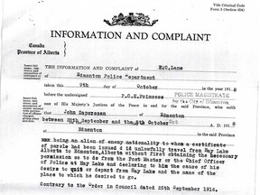 Edmonton lawyer Mark Minenko has been researching charges against "enemy aliens" during the First World War. This document shows  the information and complaint against a man accused of travelling from Hay Lake to Edmonton without police permission in 1918.