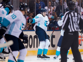 Team Europe's Leon Draisaitl (centre) celebrates his game-winning overtime goal against the Czech Republic on Sept. 19..