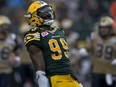 Edmonton Eskimos defensive lineman Willie Jefferson celebrates a quarterback sack against the Winnipeg Blue Bombers during second half CFL action on July 25, 2015, in Edmonton.