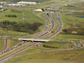 An aerial view of Anthony Henday Dr. around 111 St. and Gateway Blvd. during rush hour traffic in Edmonton on September 10, 2015.