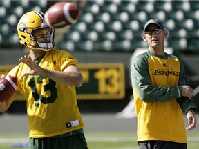 Edmonton Eskimos head coach Jason Maas (right) watches quarterback Mike Reilly (left) at team practice in Edmonton on Wednesday September 14, 2016. (PHOTO BY LARRY WONG/POSTMEDIA)