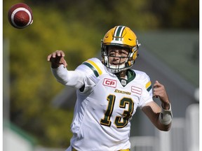 Edmonton Eskimos quarterback Mike Reilly passes the ball during first half CFL action against the Saskatchewan Roughriders, in Regina on Sunday, September 18, 2016.