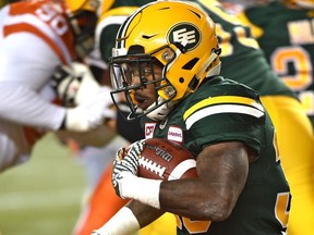 Edmonton Eskimos running back Shakir Bell (33) on the run against the BC Lions during CFL action at Commonwealth Stadium in Edmonton Friday, September 23, 2016. Ed Kaiser/Postmedia (Edmonton Journal story Gerry Moddejonge) Photos for stories, columns off Eskimos game appearing in Saturday, Sept. 24 edition.