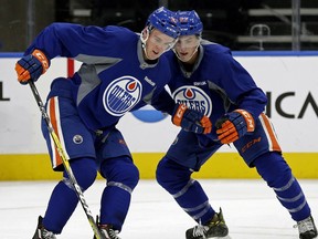 Edmonton Oilers Connor McDavid (left) and Ryan Nugent-Hopkins (right) during training camp practice at Rogers Place in Edmonton on Tuesday September 27, 2016.