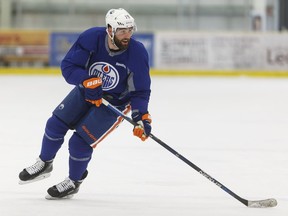 Edmonton's Patrick Maroon (19) skates during an Edmonton Oilers practice at Leduc Recreation Centre in Leduc, Alta., on Friday April 8, 2016. Photo by Ian Kucerak