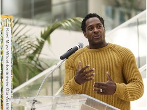 Jesse Lipscombe, with the #MakeItAwkward Campaing, speaks during the Edmonton Peace Day Celebration at City Hall in Edmonton, Alberta on Wednesday, September 21, 2016.